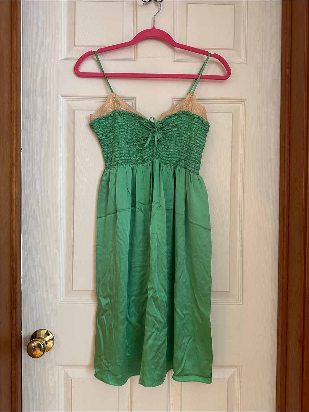 Vintage y2k Betsey Johnson Emerald Green Lace Trimmed Milkmaid Slip Dress 8 - Picture 3 of 11
